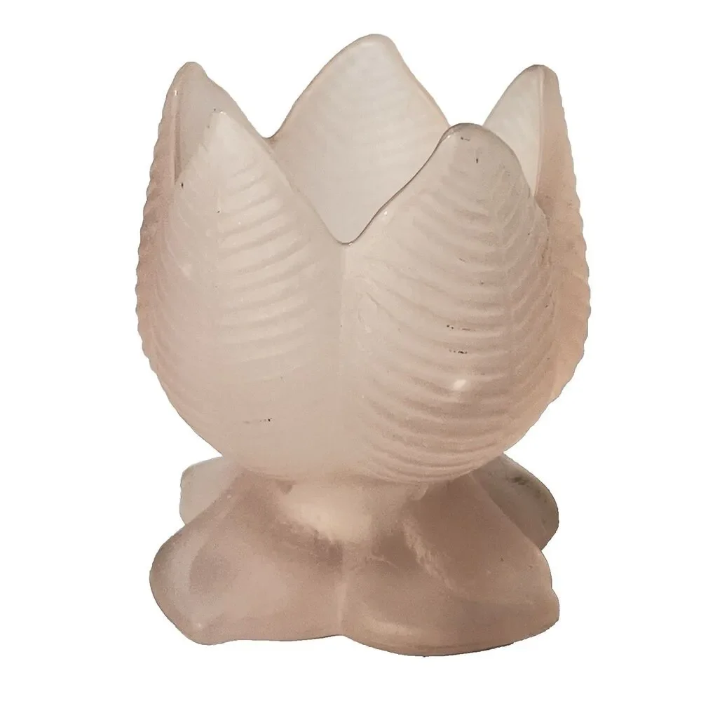 Vtg Tulip/Lotus Candle Holder Frosted Pink Embossed Glass - Leaf Pedestal MCM 3”